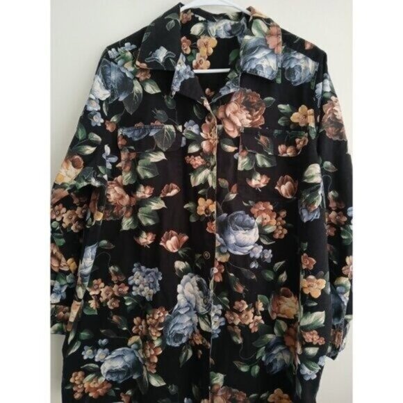 Women's L Black Floral Shacket Midweight Button Down dark Romance Boho Grunge - Picture 2 of 8